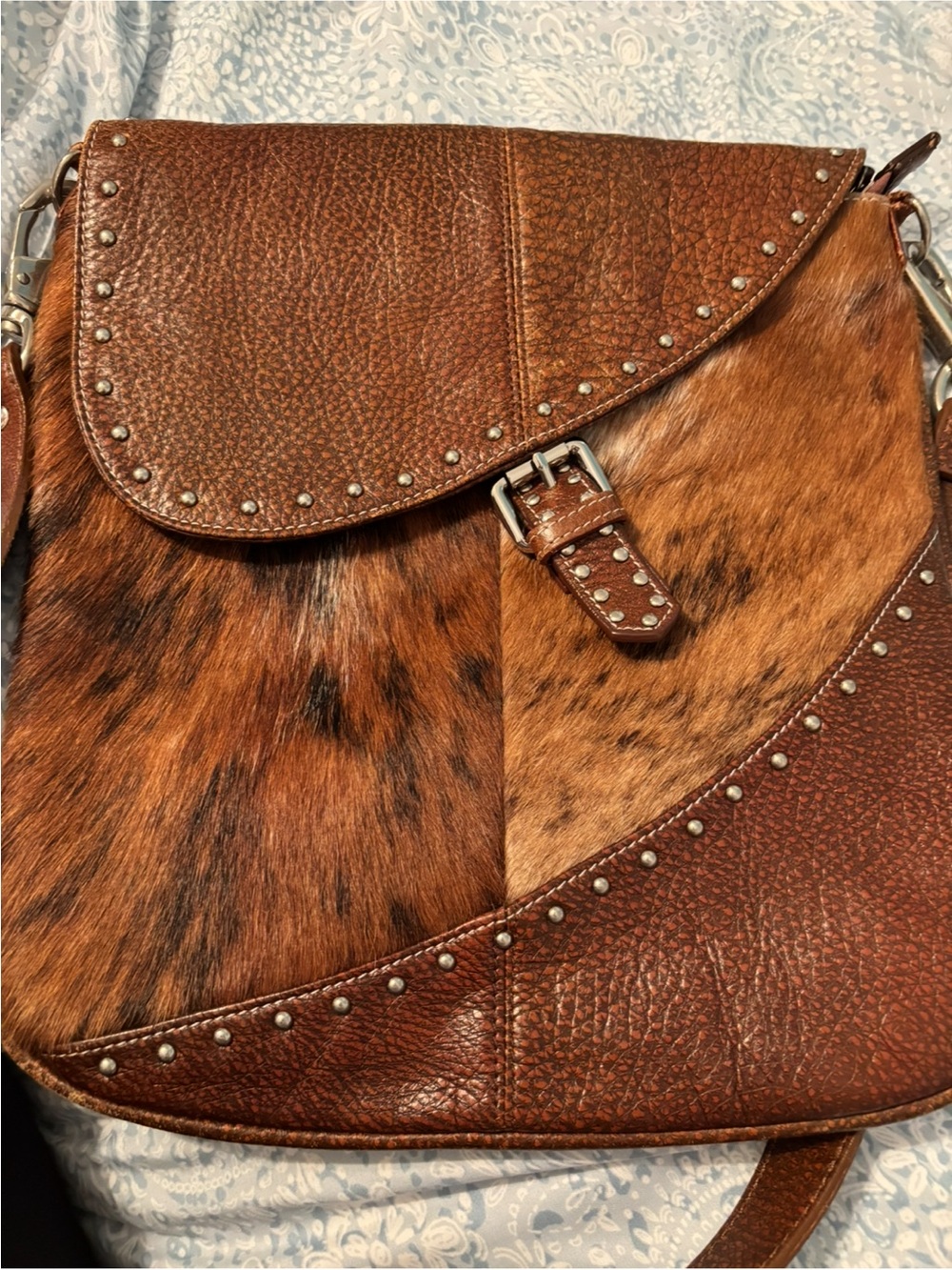 Carroll Original Wear Cowhide Leather Crossbody Studded Western Brindle Purse